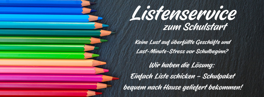 Bunte Buntstifte auf Schieferplatte, daneben Text zum Schulstartservice.