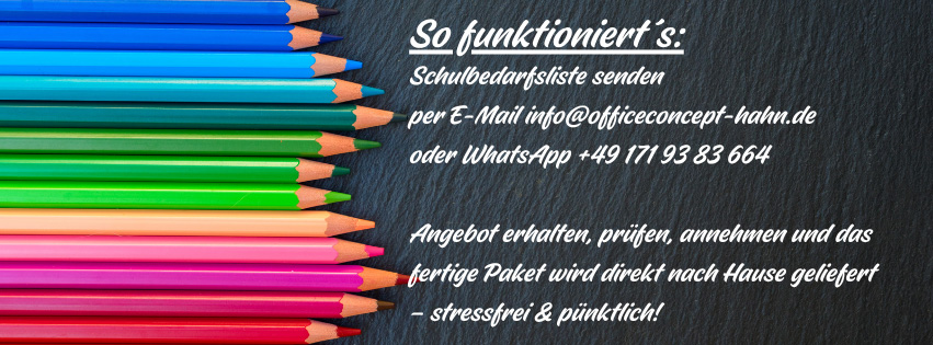 Bunte Bleistifte auf Holz mit Text über Schulbedarfslisten-Verfahren.